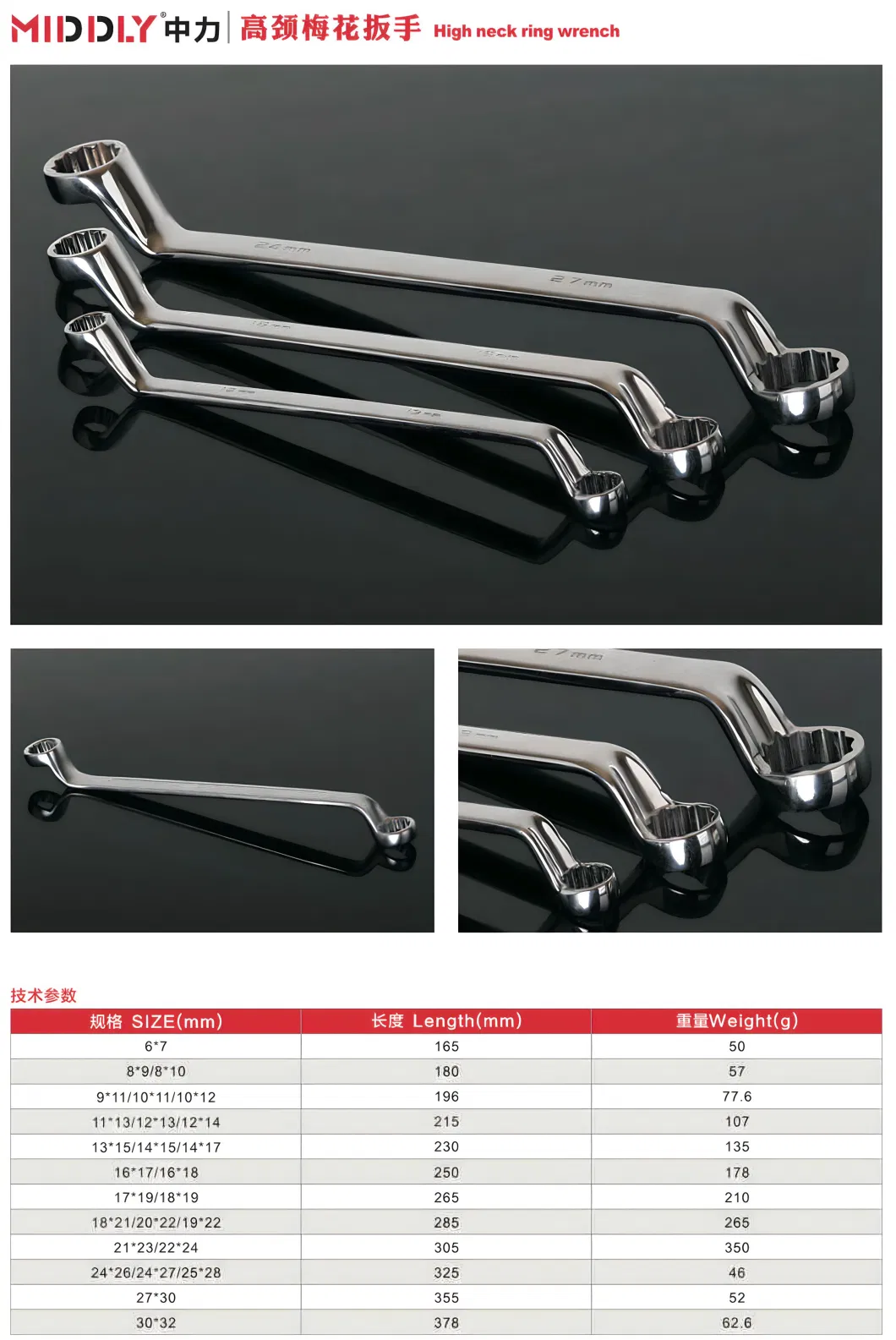 75-Degree Deep Offset Double Box-End Wrench, Deep Offset Ring Spanner, Cr-V